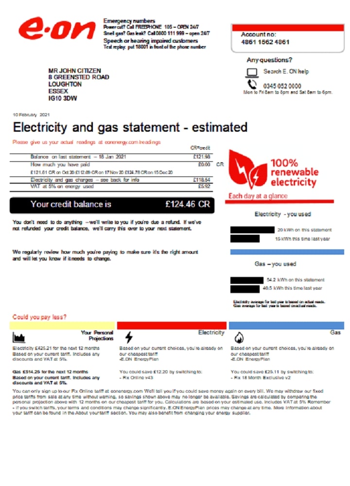 United Kingdom E.ON utility bill template in Word and PDF format, version 3 (2)